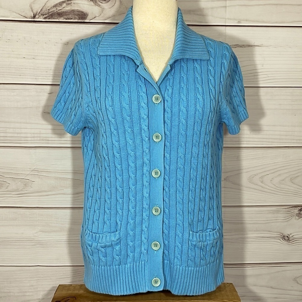 Blue LL Bean Short Sleeve Cable Knit Sweater XL